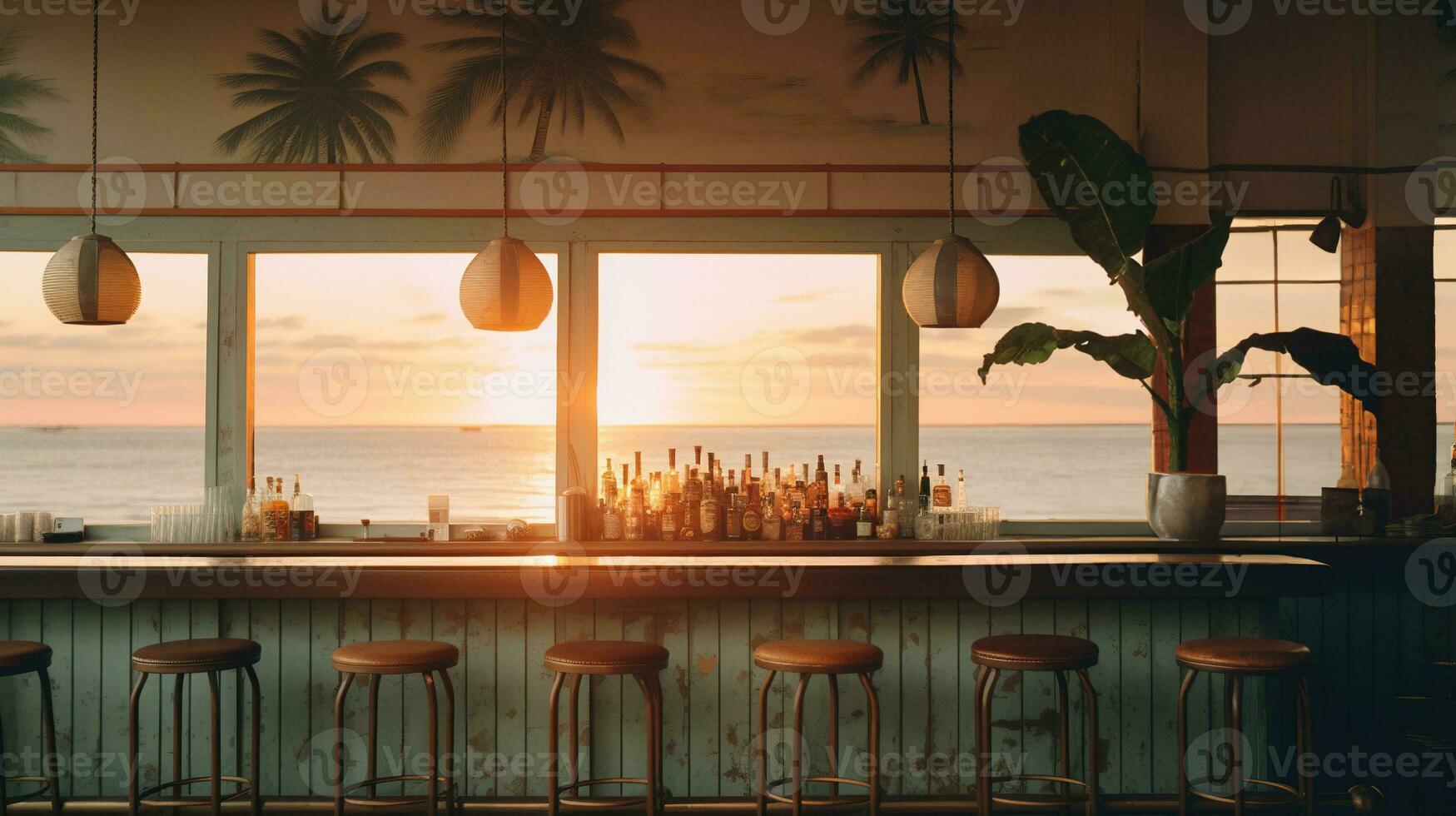 Generative AI, summer sunset beach bar background. Outdoor restaurant, Led light candles and wooden tables, chairs under beautiful sunset sky, sea view. photo