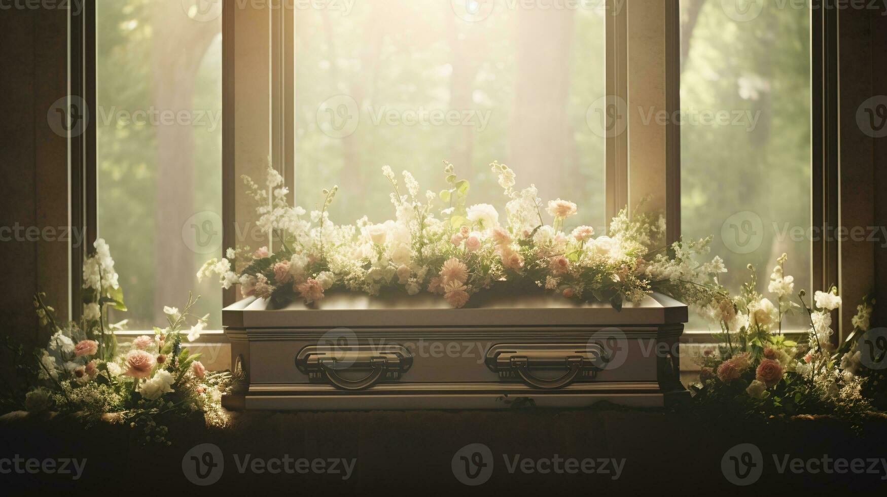 Generative AI, Flowers on a coffin in the funeral or burial services at cemetery, casket with flowers photo