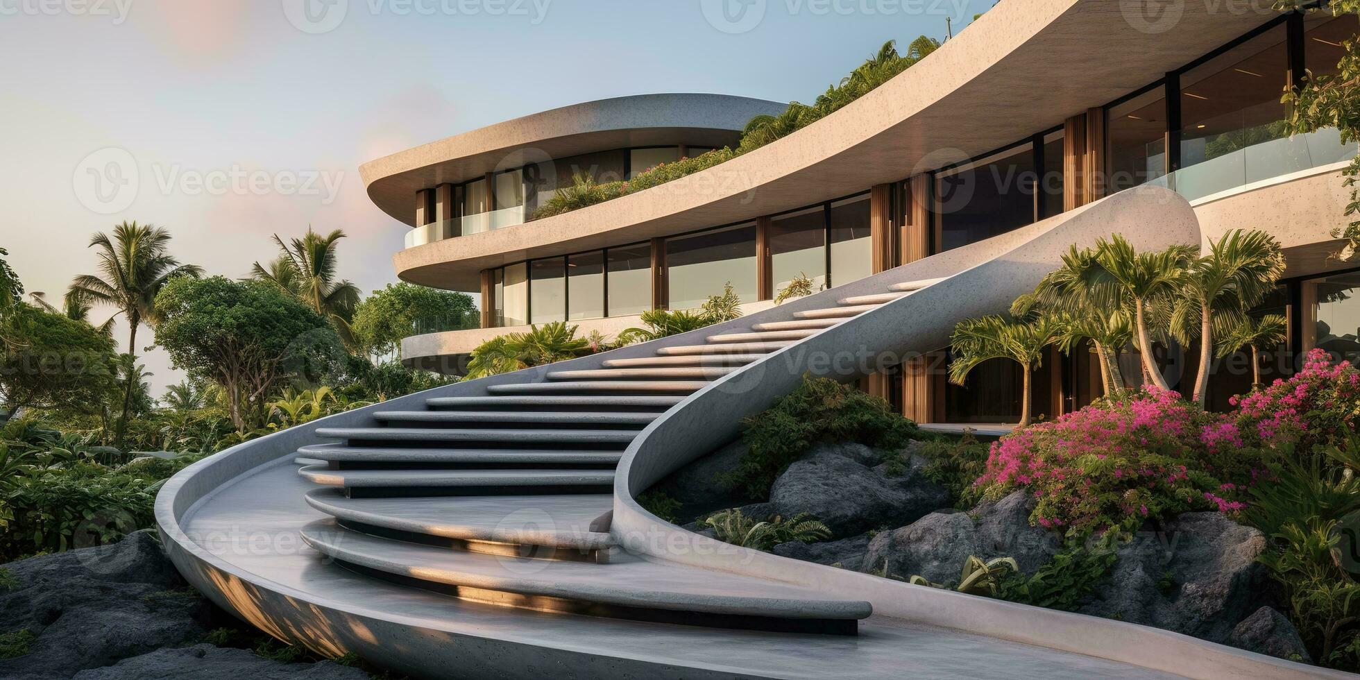 Generative AI, modern luxury house with lush tropical garden. Villa, hotel resort, architectural photography in the style of futuristic curves photo