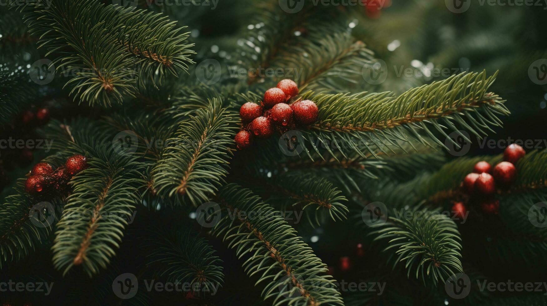 Generative AI, Chhristmas and new year balls in the fir tree branches, holidays concept, festive winter season background photo