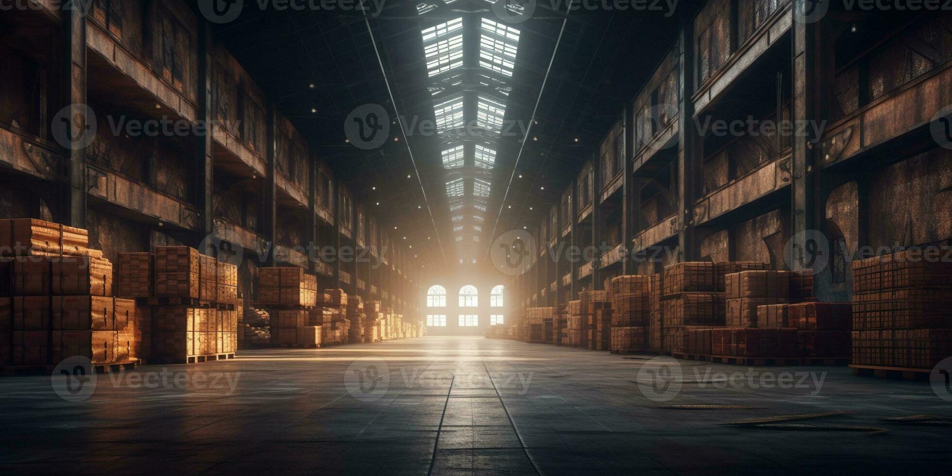 Generative AI, Warehouse interior with LED lighting, industry building, distribution retail center, part of storage and shipping system. photo