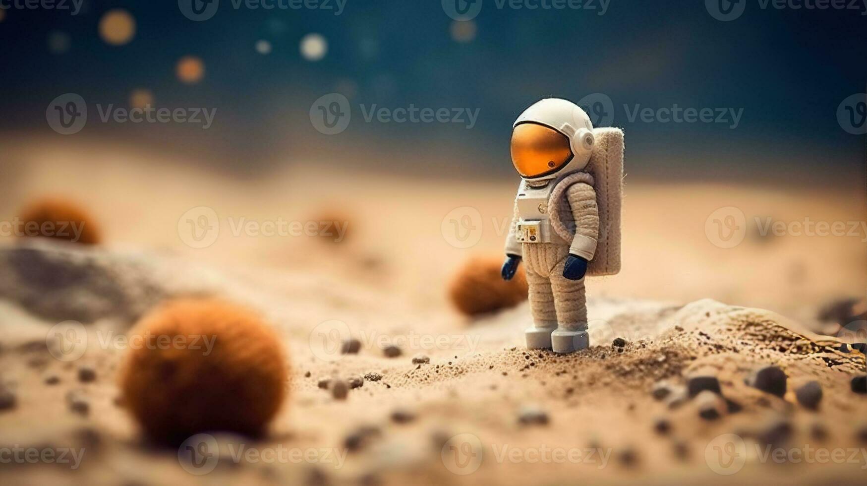 Generative AI, Space adventure illustration made of wool. Cosmic planet craft landscape with astronaut. photo