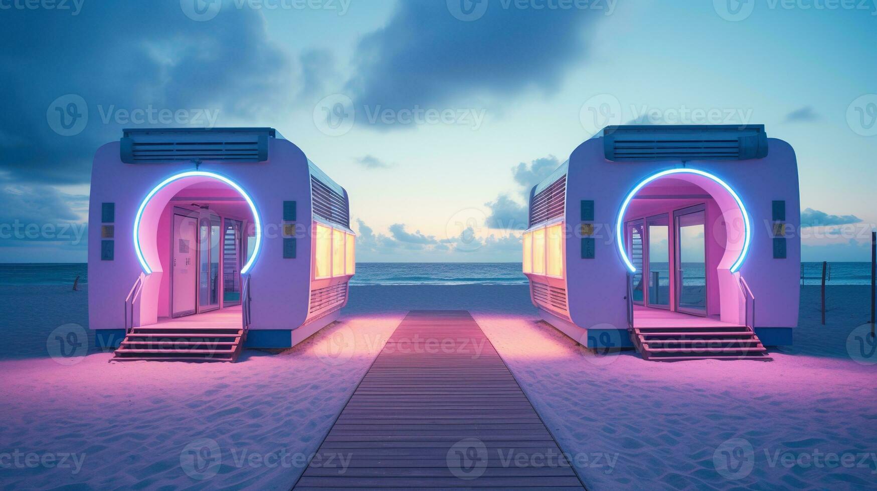 Generative AI, Miami beach huts, Summer Vibes retro illustration. Vintage pink and blue colors, buildings, California palms, 80s style photo