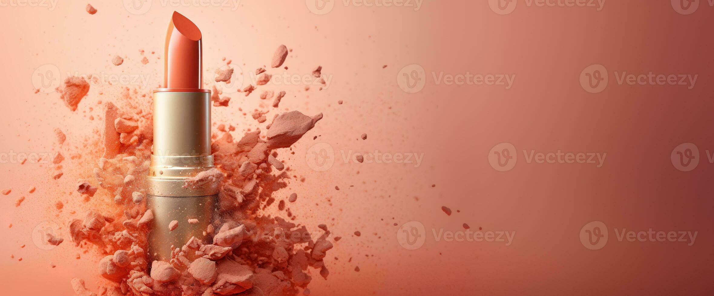 Generative AI, Apricot color lipstick, orange powder splashes and smoke with copy space. photo