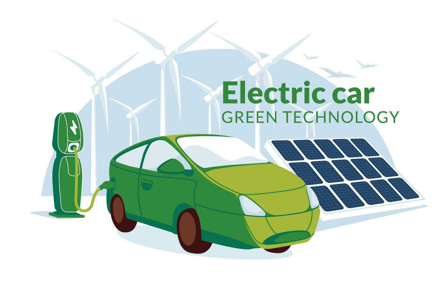 refueling for electric vehicles with solar panel. Green energy concept. Electro car or gybrid on the clen sky clouds background. Flat vector illustration