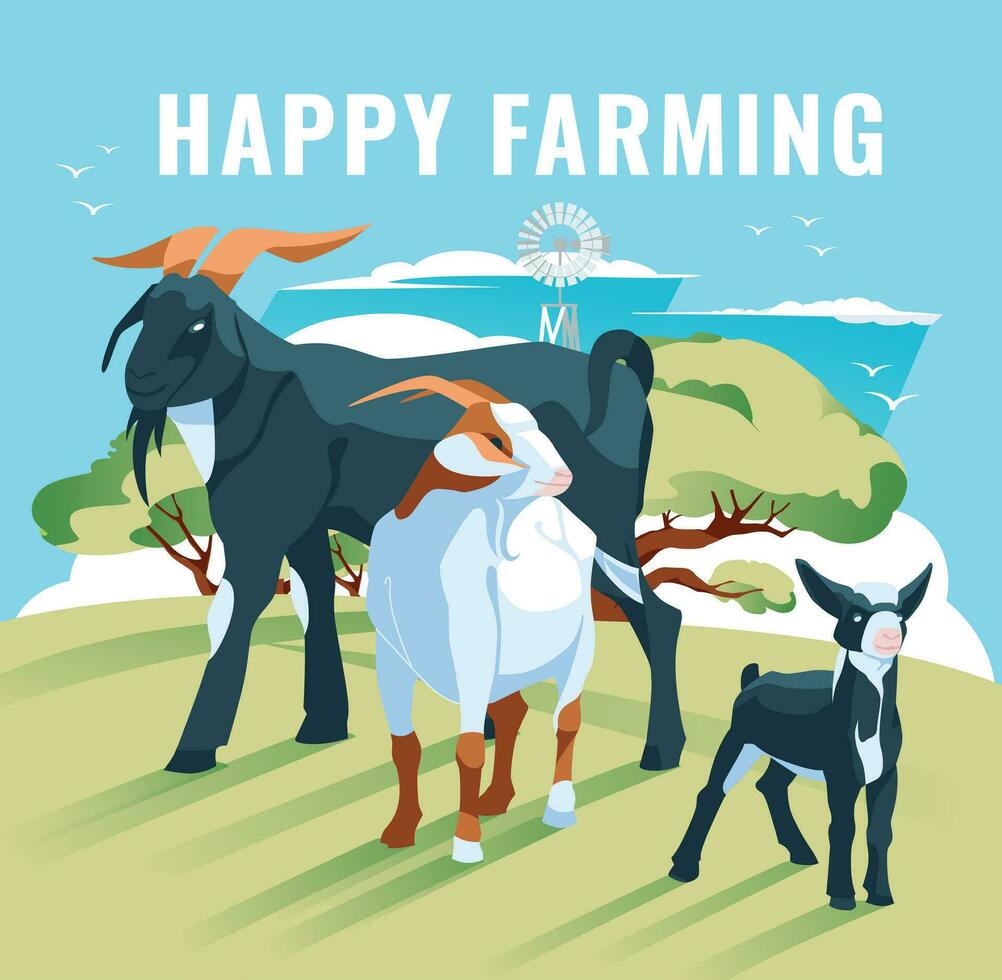 goat family on a green meadow against a farm house. Vector flat illustration. Agriculture, animal husbandry and agriculture.