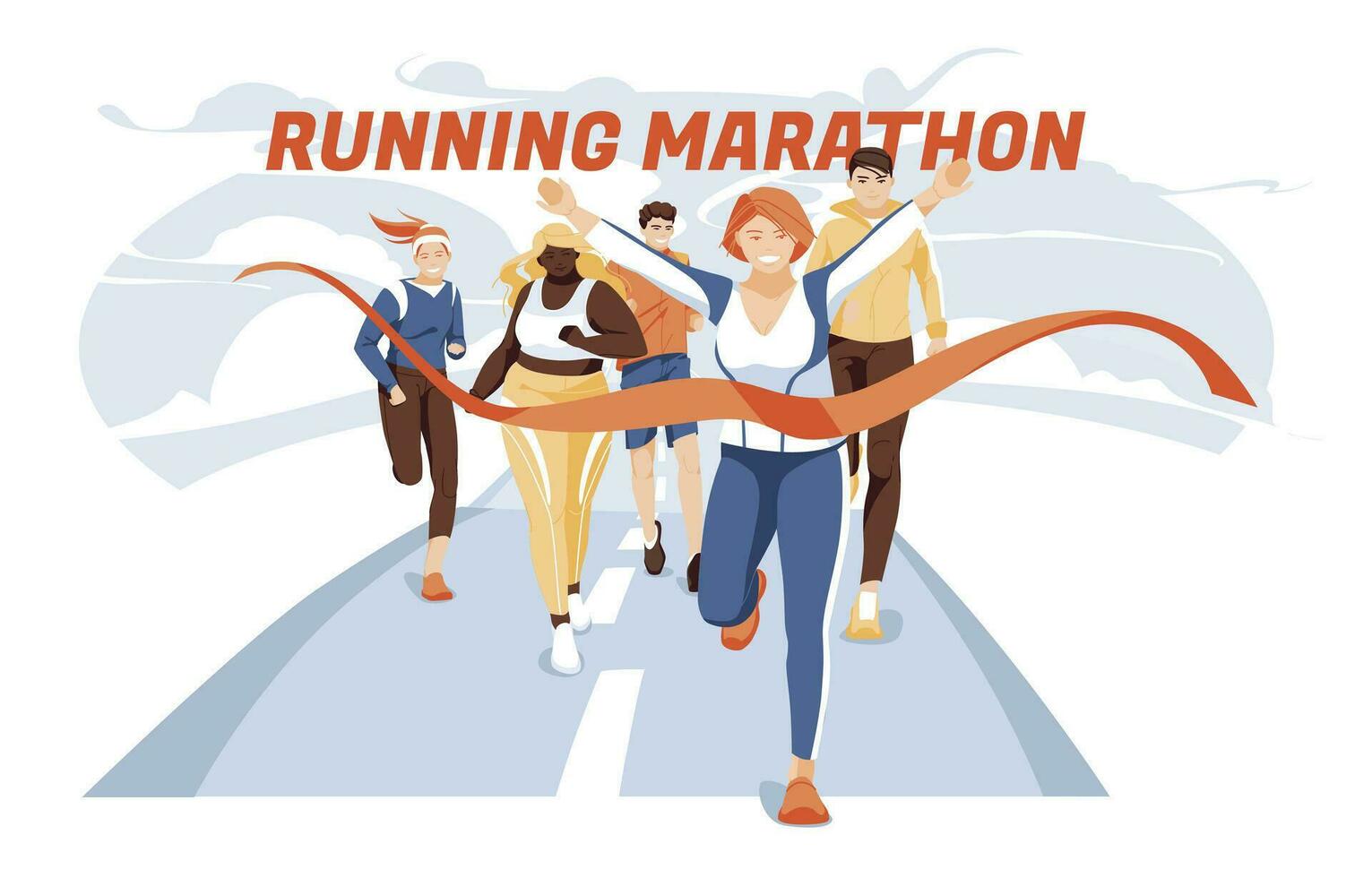 Different people characters run to finish the marathon distance. The concept of a healthy lifestyle. Various races and big size athletes. Flat, cartoon vector. vector