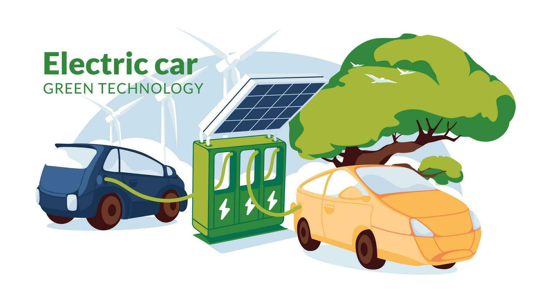 refueling for electric vehicles with solar panel. Green energy concept. Two electro cars or gybrid on the clean sky clouds  and windmill turbines background. Flat vector illustration