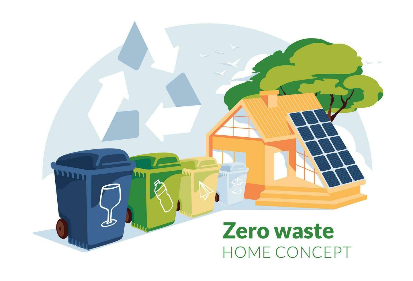 cero residuos casa concepto. verde energía y reciclaje. basura clasificación. solar panel en el casa techo. plano vector ilustración