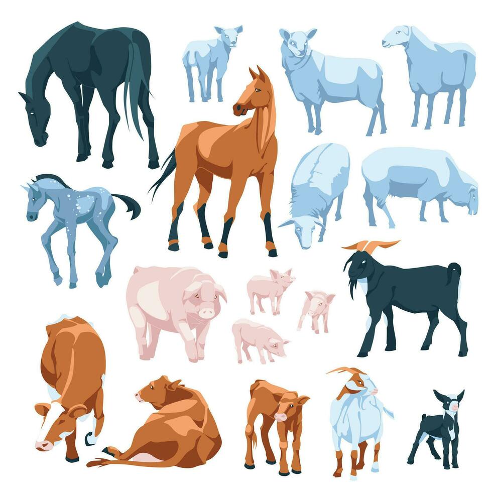 set of farm animals sheeps, horse, cow, pig, goat Isolated on white background. Vector flat illustration. Agriculture, farming and cattle breeding