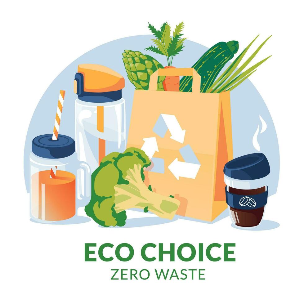 zero waste objects concept paper bag, vegetables, jar, coffee cup, watre bottle. no plastic. Flat vector illustration