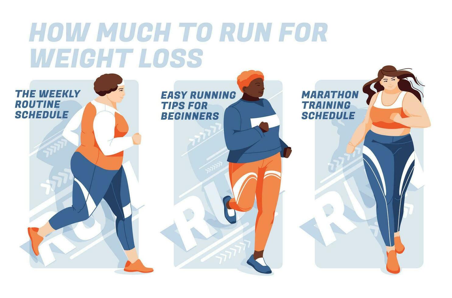 3 banner designs to advertise running competition for weight loss or training. Three overweight sportswomen run on an abstract background. Design for presentations, print, web advertising banners. vector