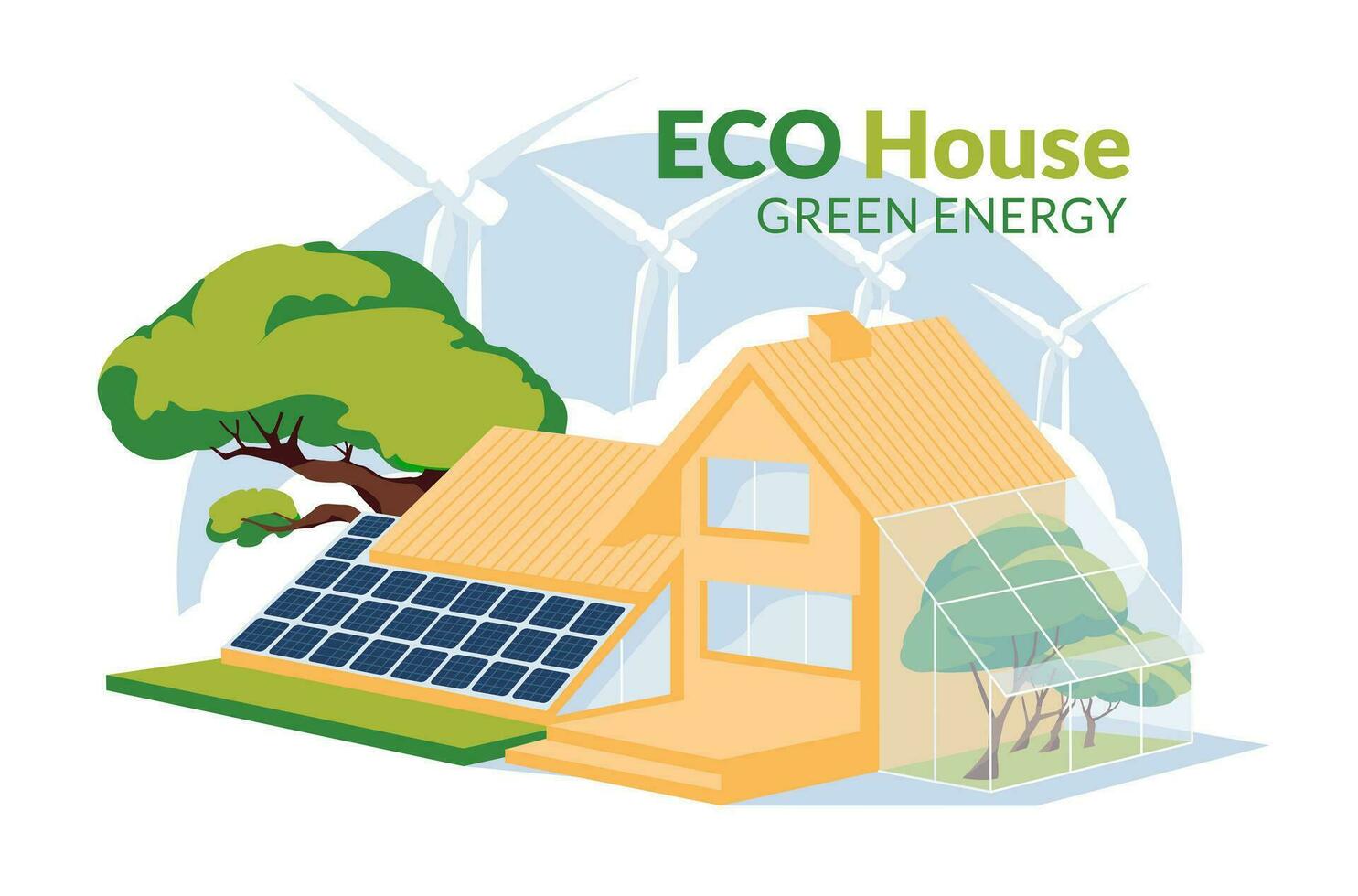 eco casa con solar paneles, molino turbinas y verde casa concepto. web icono y infografía. reciclar y renovar energía hogar concepto. plano vector ilustracion