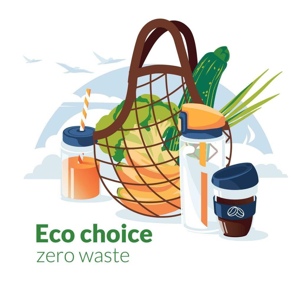 zero waste objects concept eco bag, vegetables, jar, coffee cup, watre bottle. On the clen sky with birds background. no plastic. Flat vector illustration