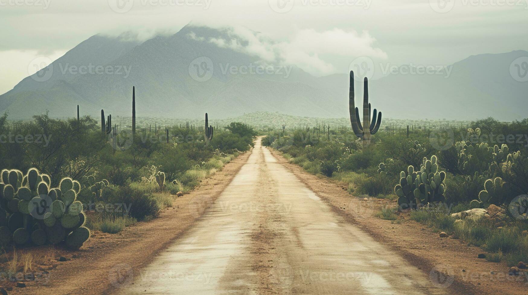 Generative AI, lonely road in the desert, aesthetic, muted neutral colors, cacti plants photo