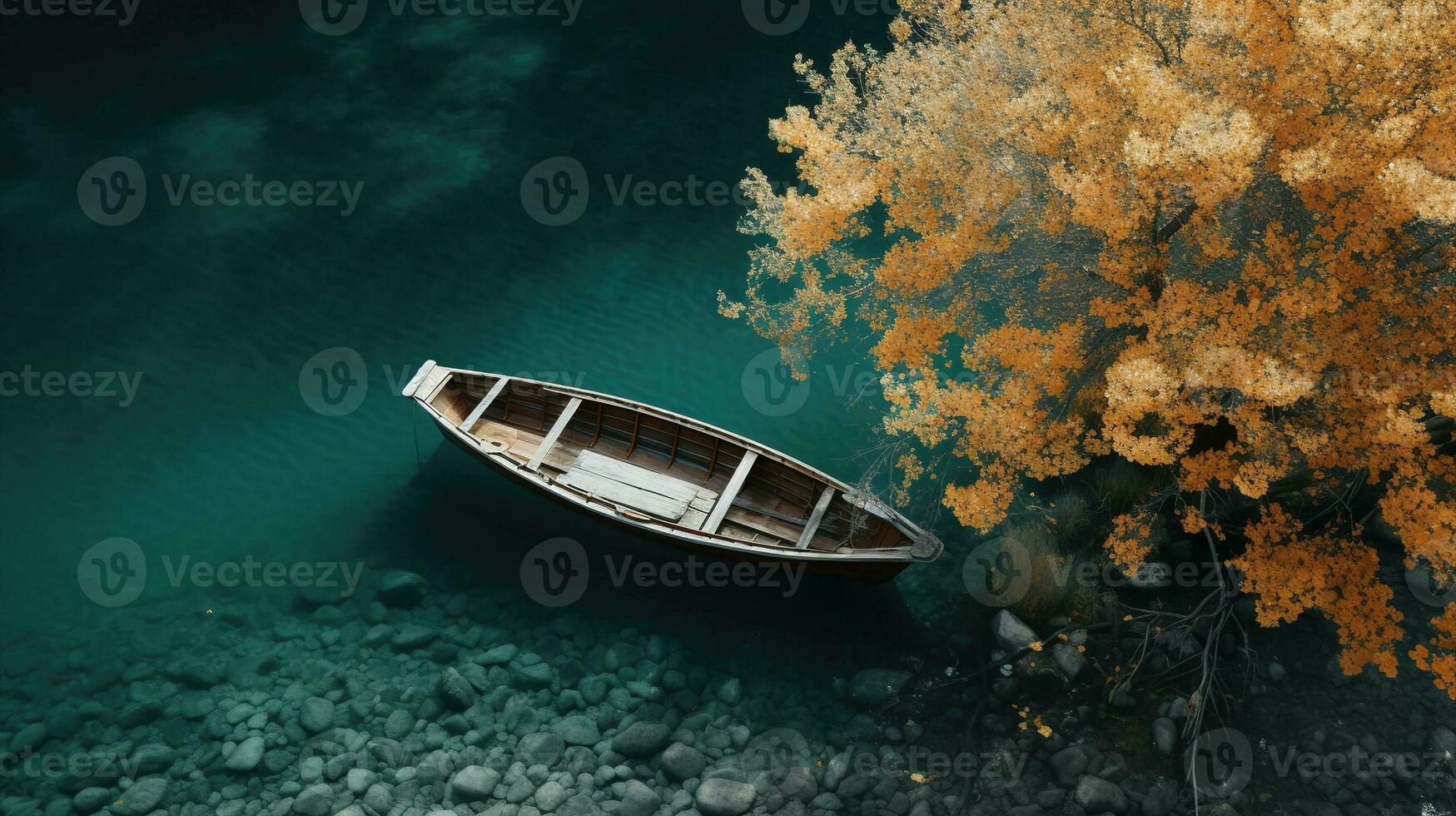 Generative AI, boat at the calm lake in autumn with serene water around, fall landscape photo