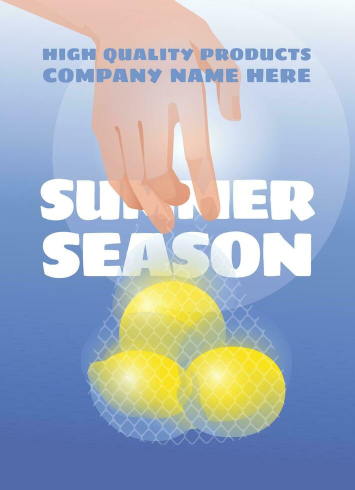 human hand holding a transparent bag with lemons on a blue background. Summer season, harvest, healthy food and holidays. Gradient vector illustration