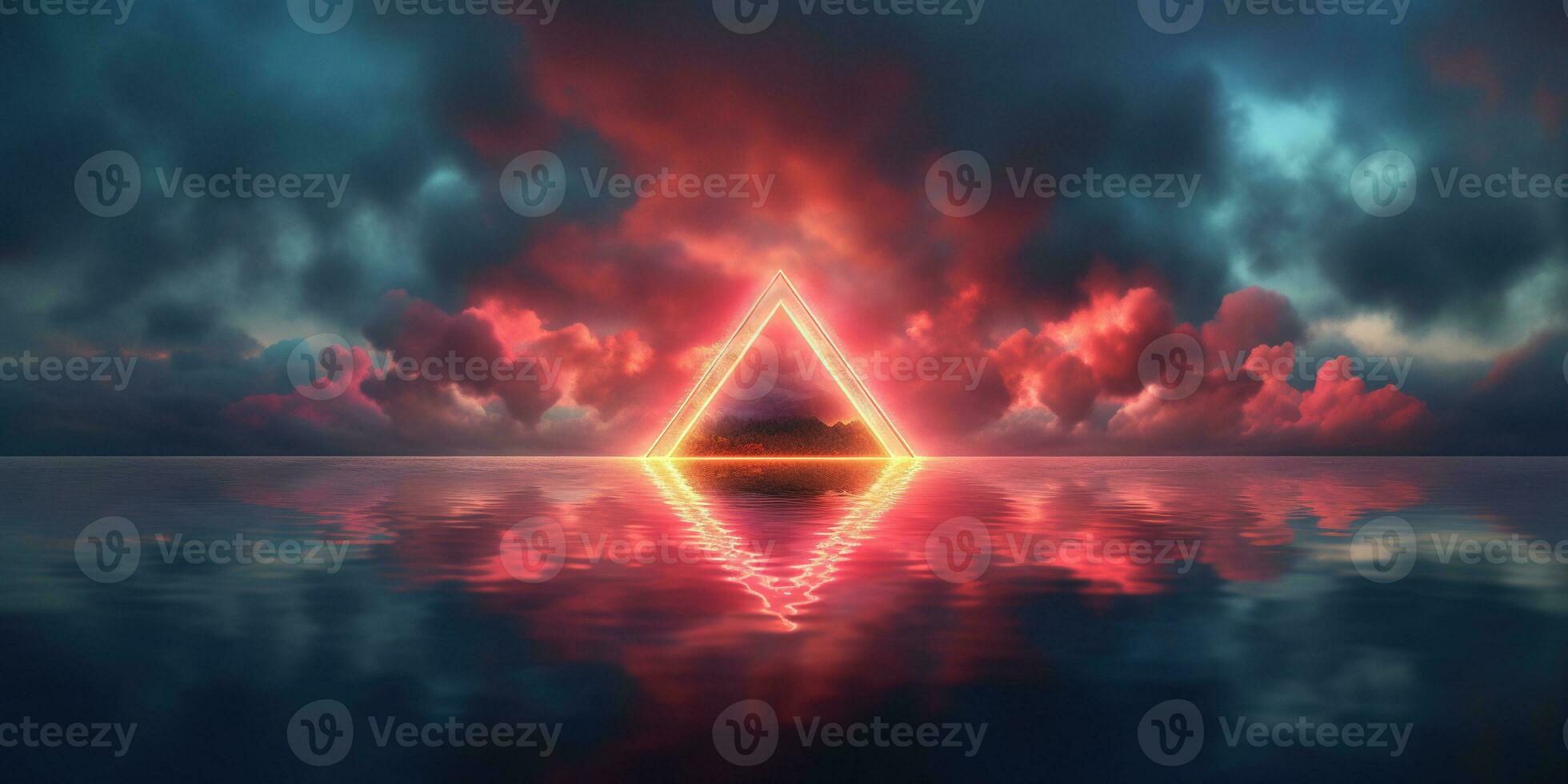 Generative AI, abstract geometric background, clouds, sea and glowing neon triangular frame. Minimal futuristic seascape with reflection in the water. photo