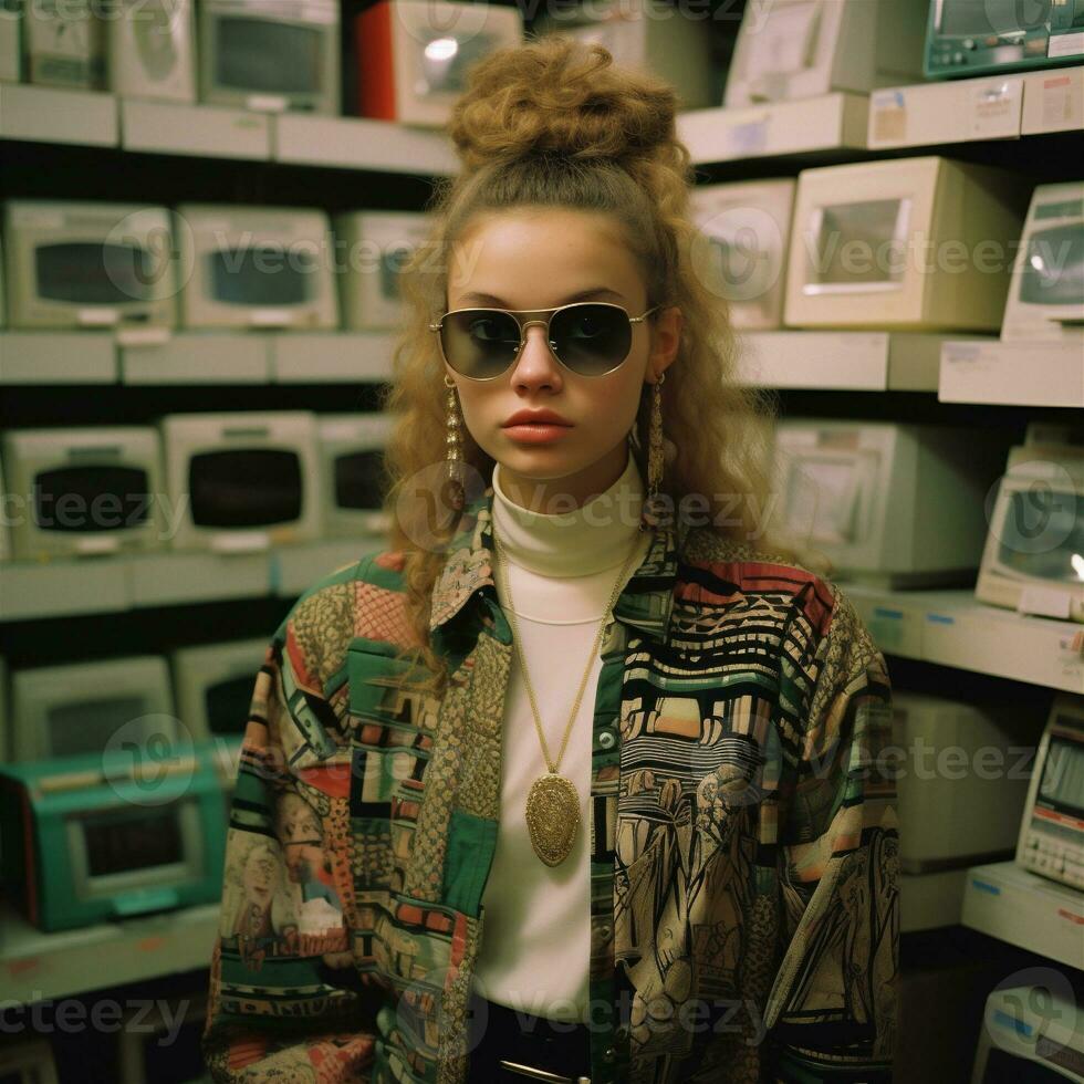 Generative AI, teen portrait in style 90s or 80s, retro fashion, vintage colors photo