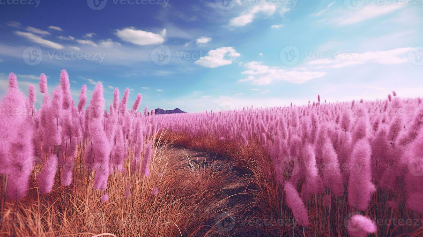 Generative AI, Pampa purple lavender color grass branch with sky. Abstract natural boho background of soft plants, Cortaderia selloana photo