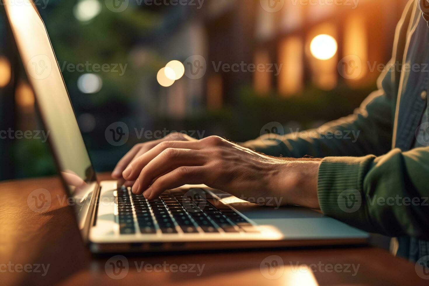 Generative AI, Typing on keyboard closeup, shot hands using laptop computer and internet photo