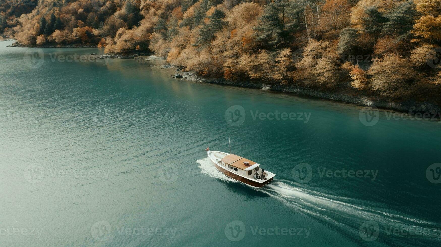 Generative AI, boat at the calm lake in autumn with serene water around, fall landscape photo