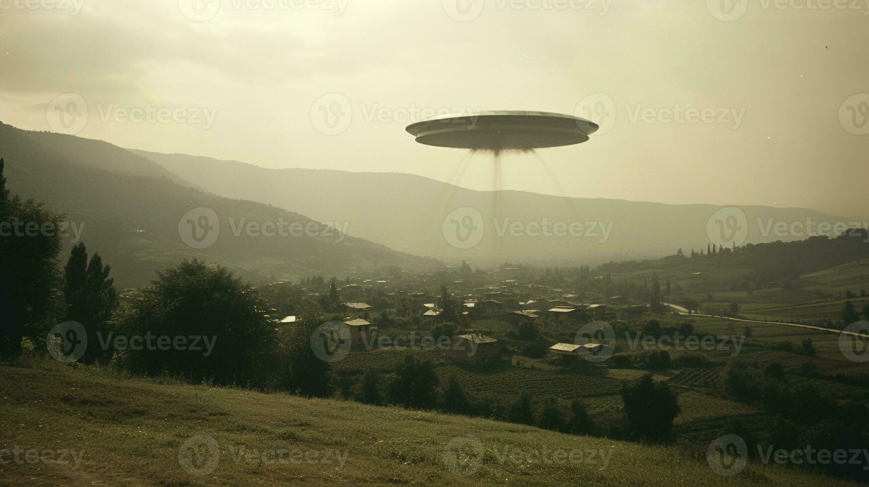 Generative AI, UFO over the Italian landscape vintage photo, aliens witnesses retro 1930s style photography photo