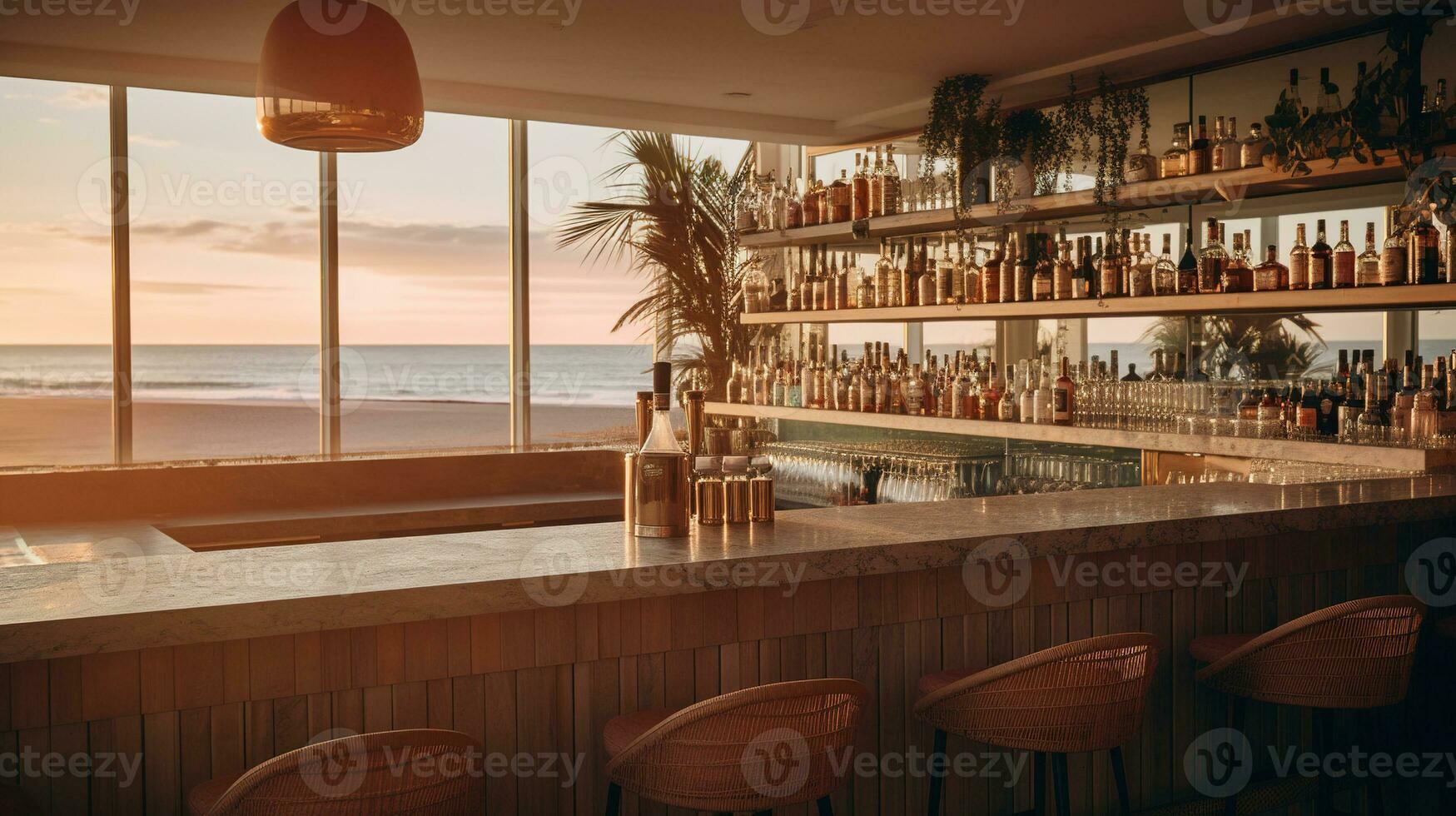 Generative AI, summer sunset beach bar background. Outdoor restaurant, Led light candles and wooden tables, chairs under beautiful sunset sky, sea view. photo