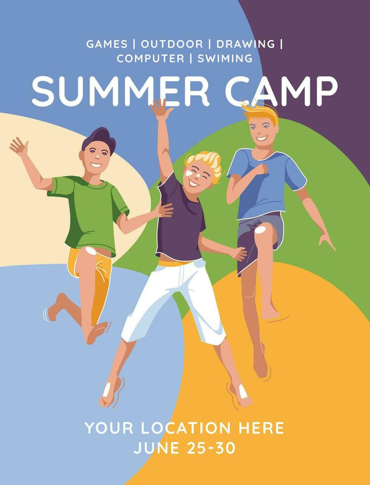 anuncio de un para niños verano acampar. Tres Niños saltando en el antecedentes de un color formas vector plano ilustración.