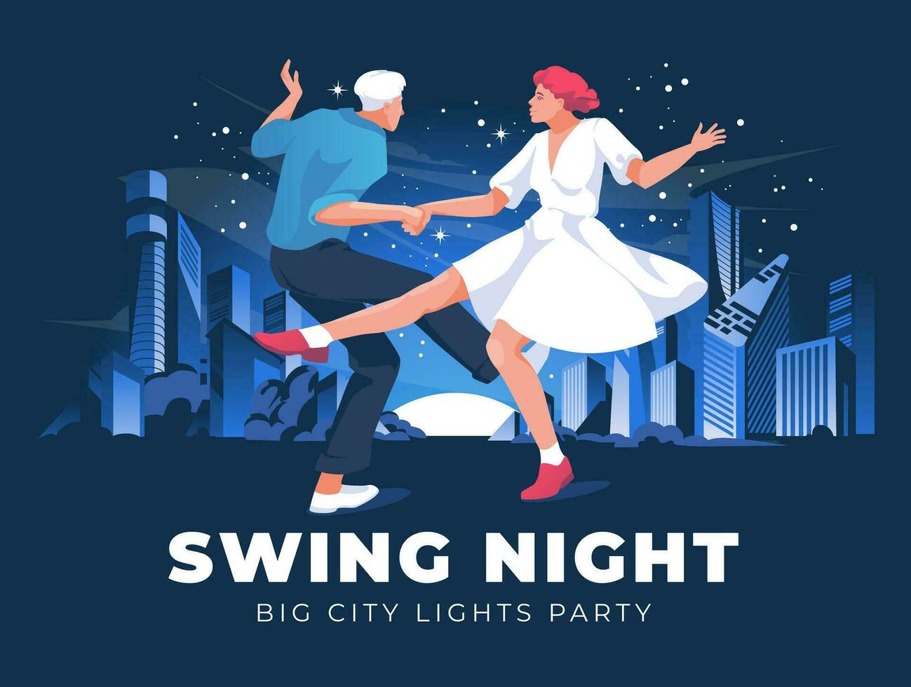 swing dancing couple against the background of the night landscape of the big city. Dance club in retro style. Vector flat illustration