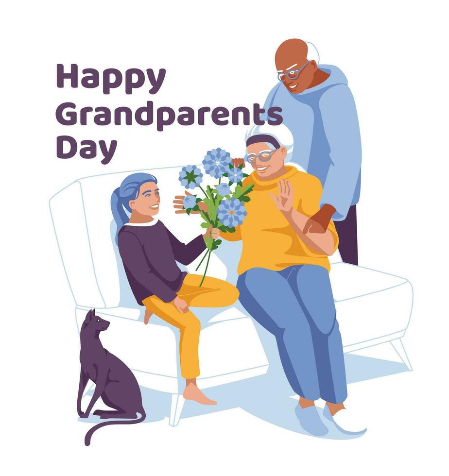 Grandparents Day Greeting card. A boy greets an elderly couple with a flower bouquet on a whiteGrandparents Day Greeting card. A girl greets an elderly couple with a flower bouquet vector