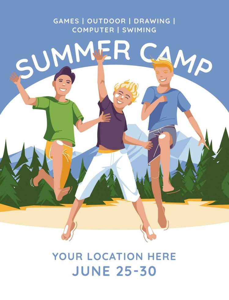 Two boys jump into a mountain lake against the backdrop of a tent forest camp. Children's summer camp banner. Flat vector illustration