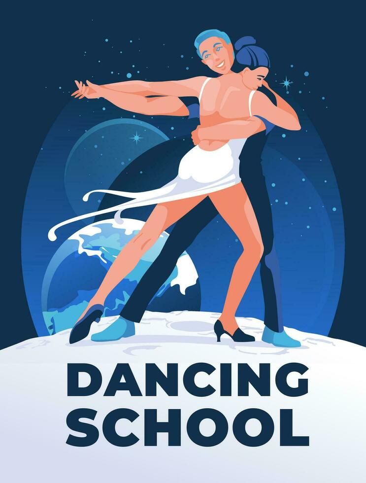 joven Pareja bailando un salón de baile danza juntos en contra el antecedentes de el Luna y noche espacio con planetas y estrellas. vector plano ilustración