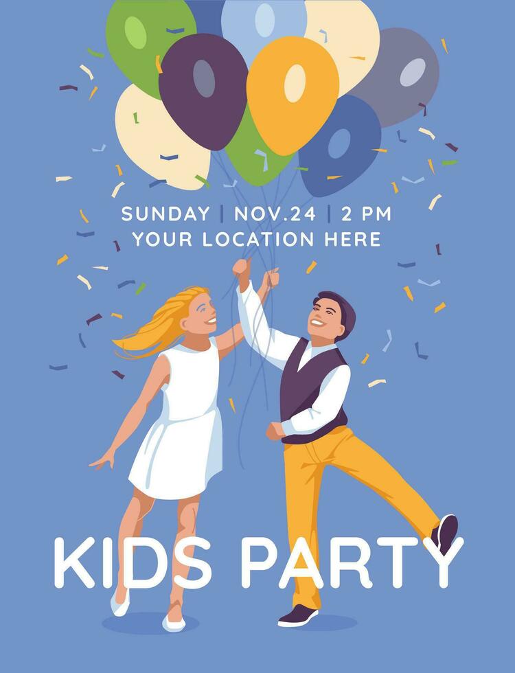 póster, tarjeta con para niños cumpleaños. un chico y un niña son participación globos grande texto. vector plano ilustración