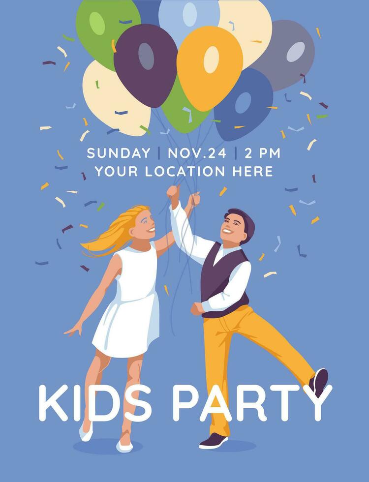 poster, card with children's birthday. a boy and a girl are holding balloons. Large text. Vector flat illustration