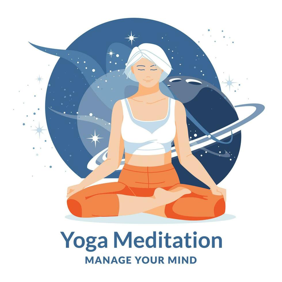 Young woman in lotus pose. Meditation, concentration and mind control. Space stars and planets background. Yoga for anyone. Healthy lifestyle. Isolated on round composition. Flat vector illustration