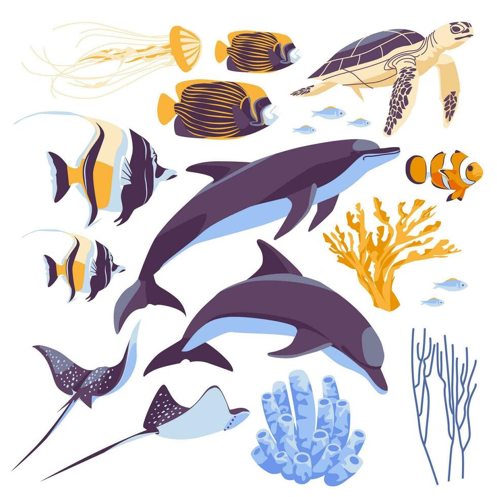 Inhabitants of the underwater marine world, elements of flora and fauna. Dolphin, sea turtle, coral fish, jellyfish, corals. flat vector illustration.