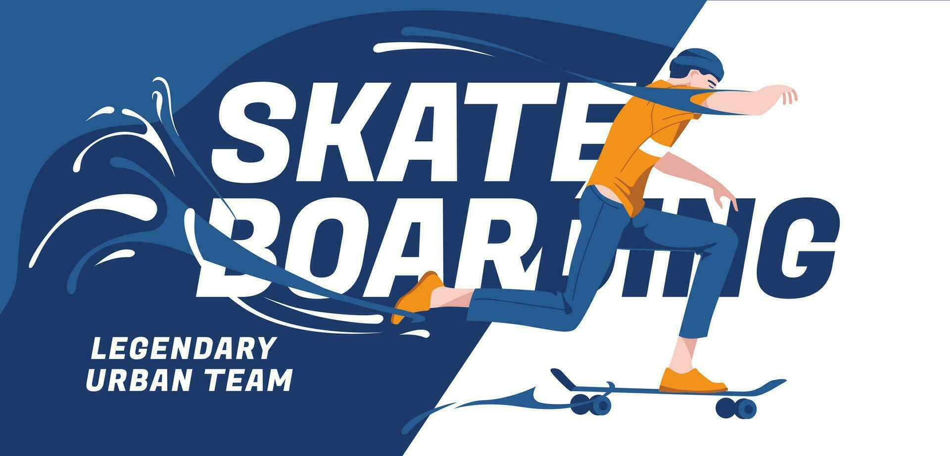 Skateboarding poster design with skater through splashes. Extreme sports and recreation of the urban lifestyle. Vector flat illustration
