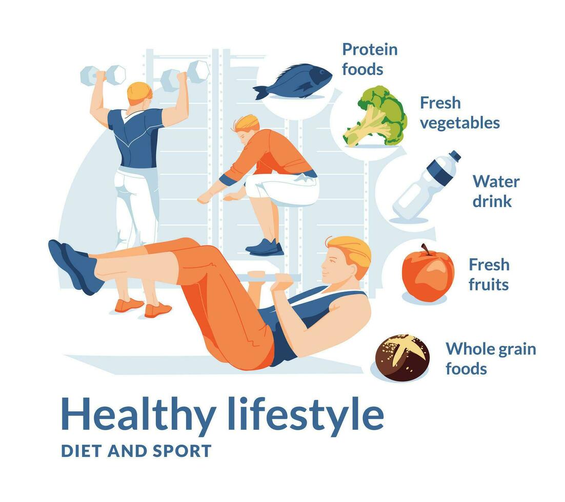 cinco diferentes activo activo fitnes hombres hacer ejercicios en gimnasio club. sano deporte comida beneficios infografía. aislado en blanco antecedentes. plano vector ilustración