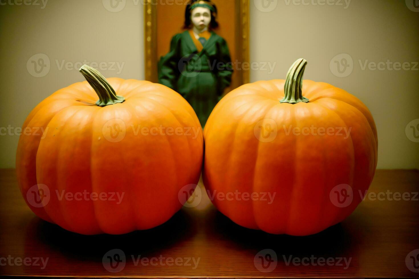 Two Pumpkins Sitting On A Table In Front Of A Mirror. AI Generated photo
