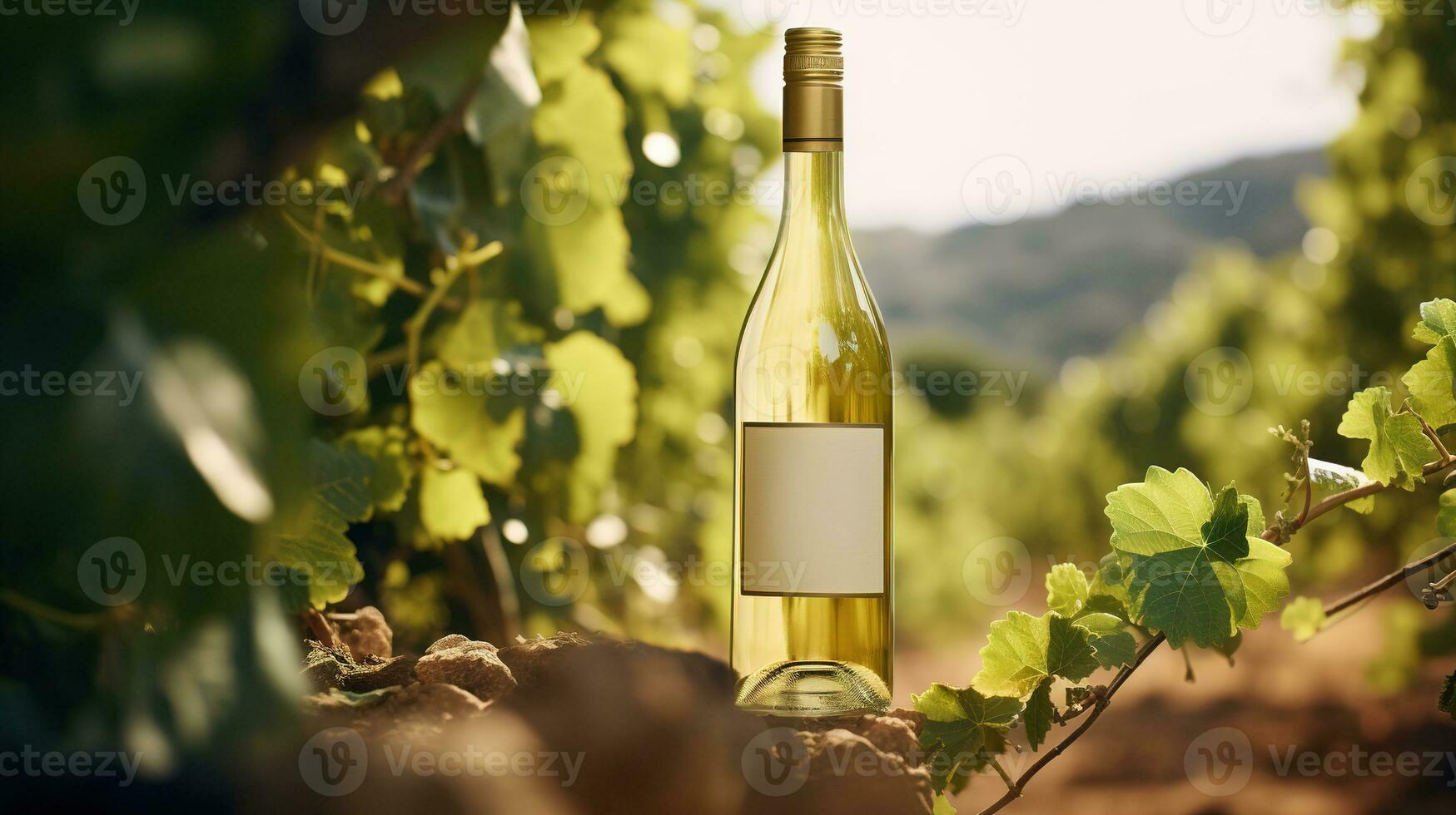 Generative AI, white wine bottle mock up on vineyrad landscape in the sunshine, cope space and place for logo photo