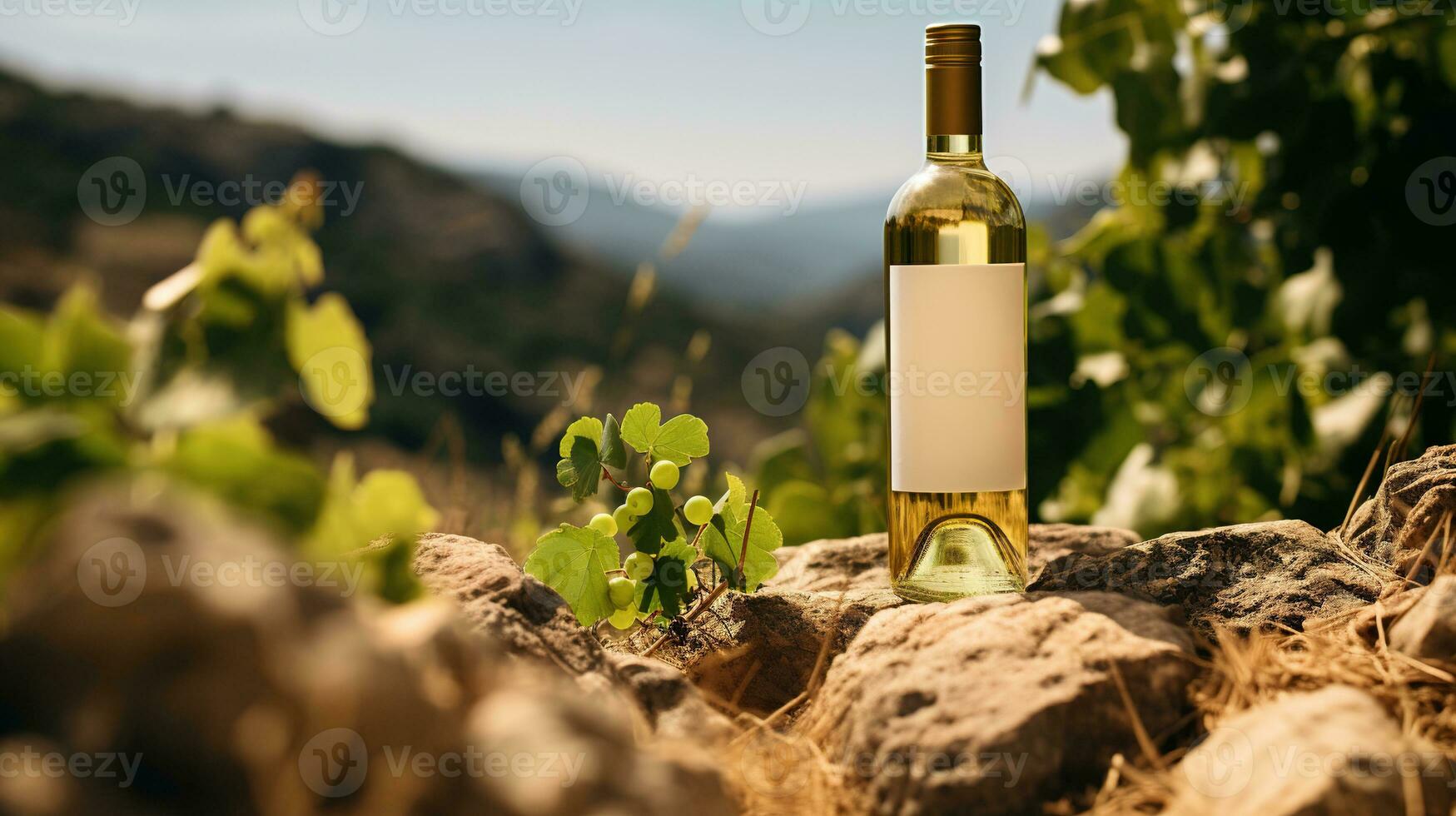 Generative AI, white wine bottle mock up on vineyrad landscape in the sunshine, cope space and place for logo photo