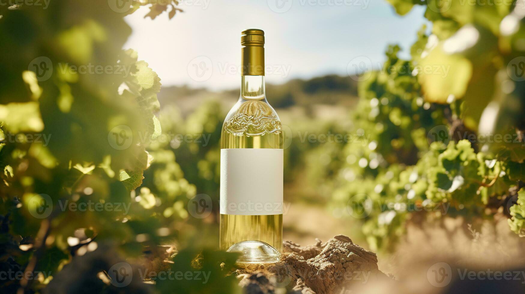 Generative AI, white wine bottle mock up on vineyrad landscape in the sunshine, cope space and place for logo photo