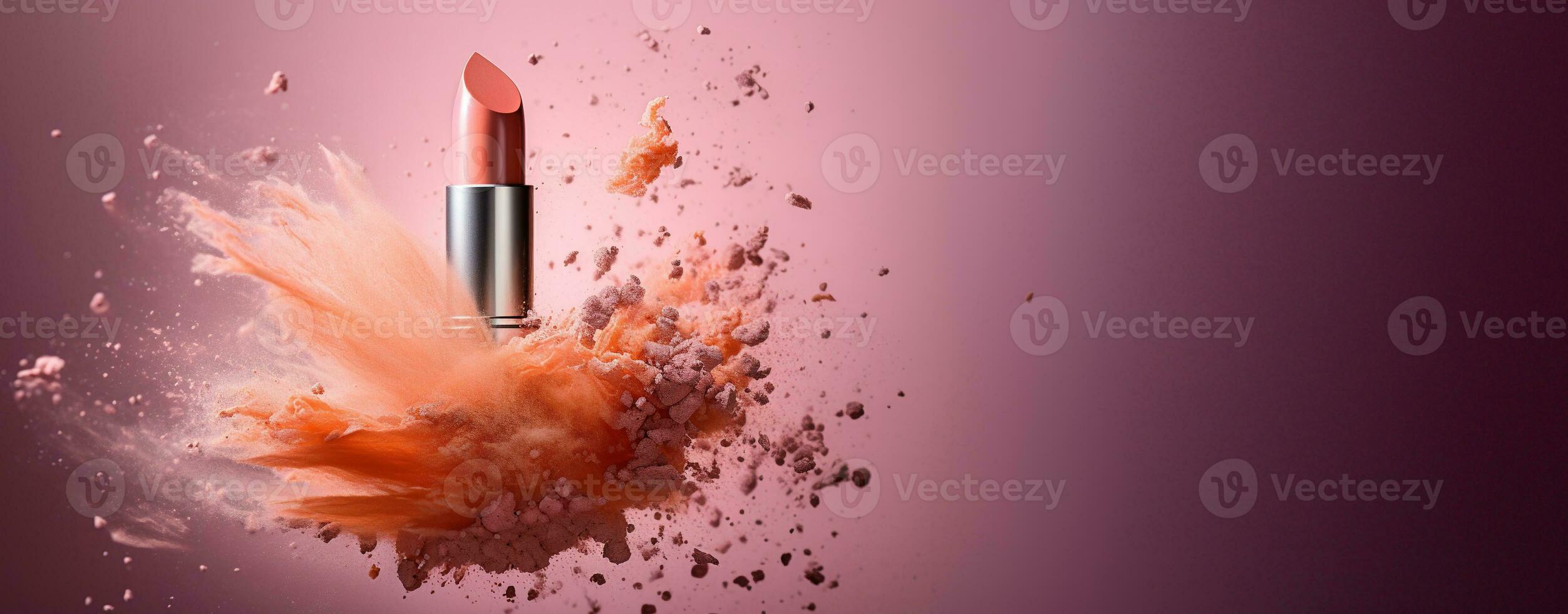 Generative AI, Apricot color lipstick, orange powder splashes and smoke with copy space. photo