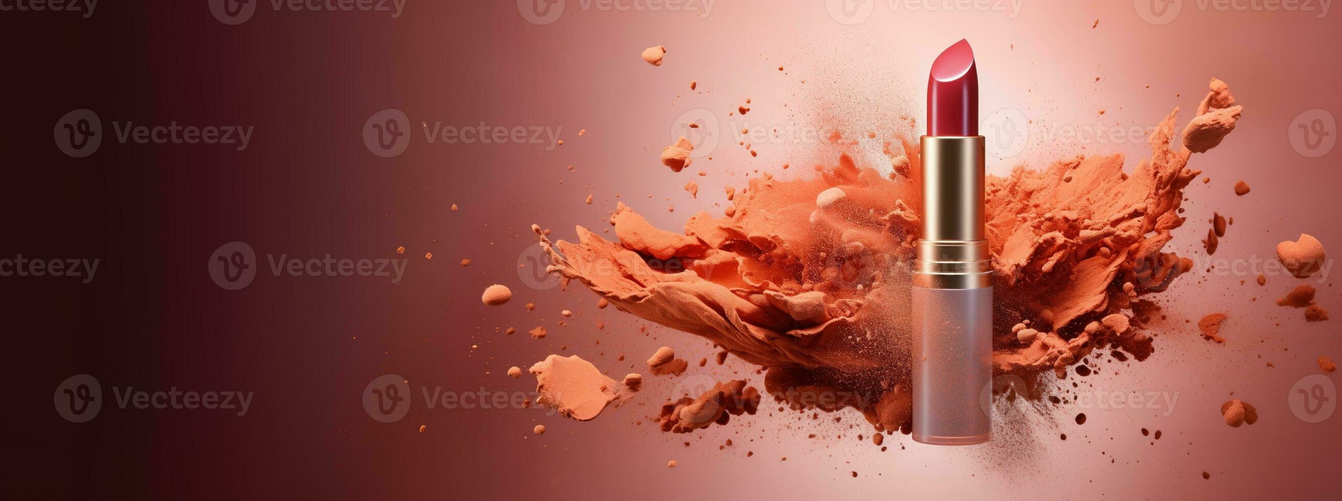 Generative AI, Apricot color lipstick, orange powder splashes and smoke with copy space. photo