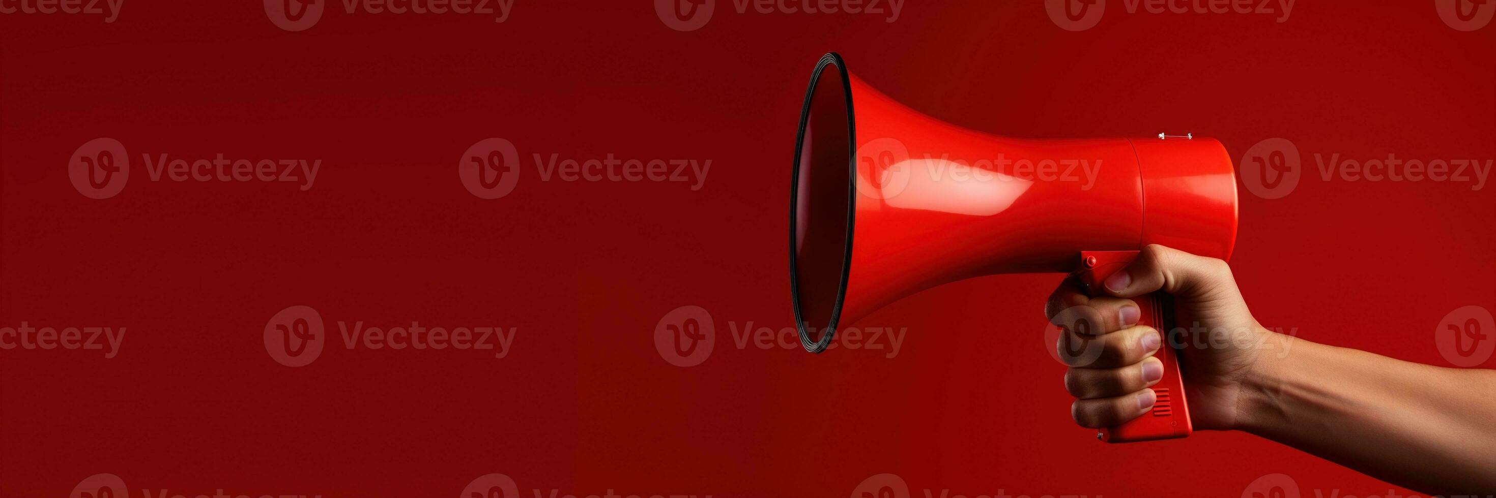 Generative AI, megaphone in hand on a empty red background, panoramic image with copy space photo