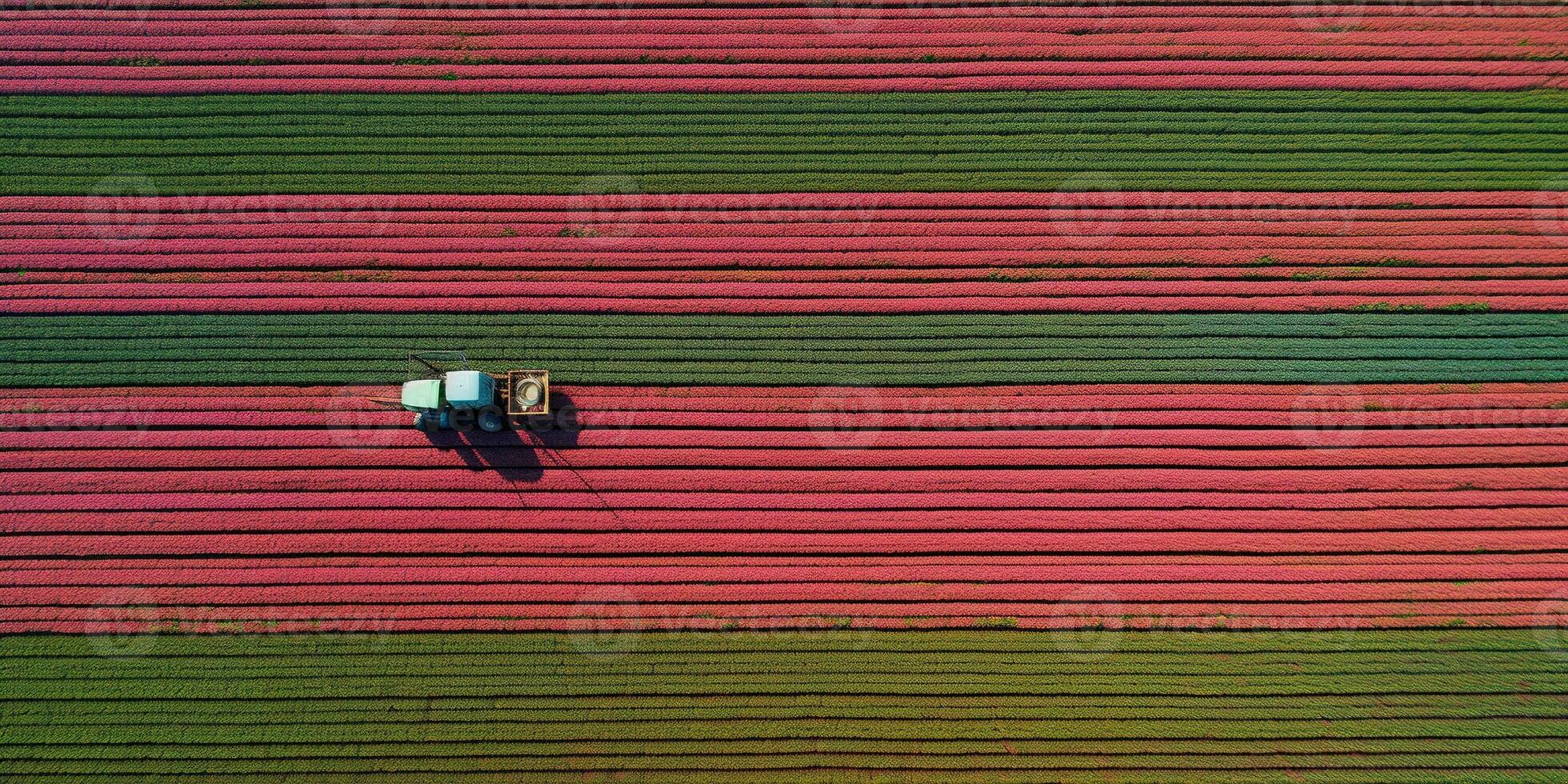 Generative AI, Farm colorful landscape, agricultural fields, beautiful countryside, country road. Nature Illustration, top view drone, horizontal banner. photo