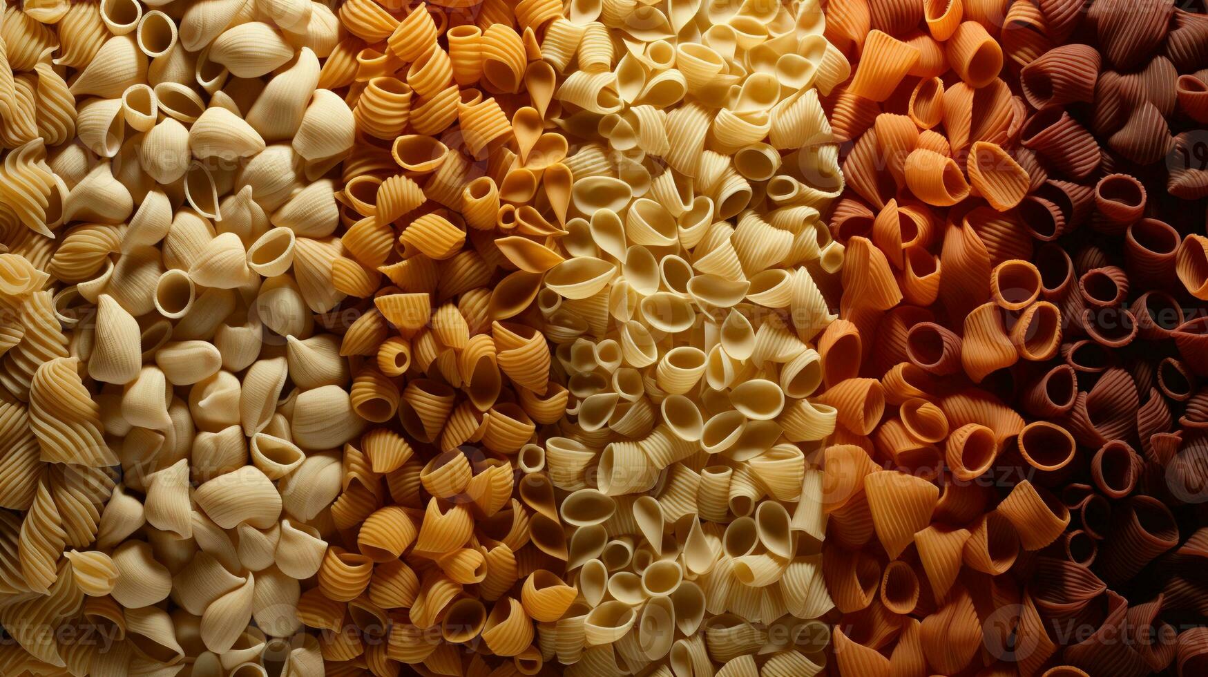 Generative AI, Variety of types, colors and shapes of Italian pasta, texture background photo