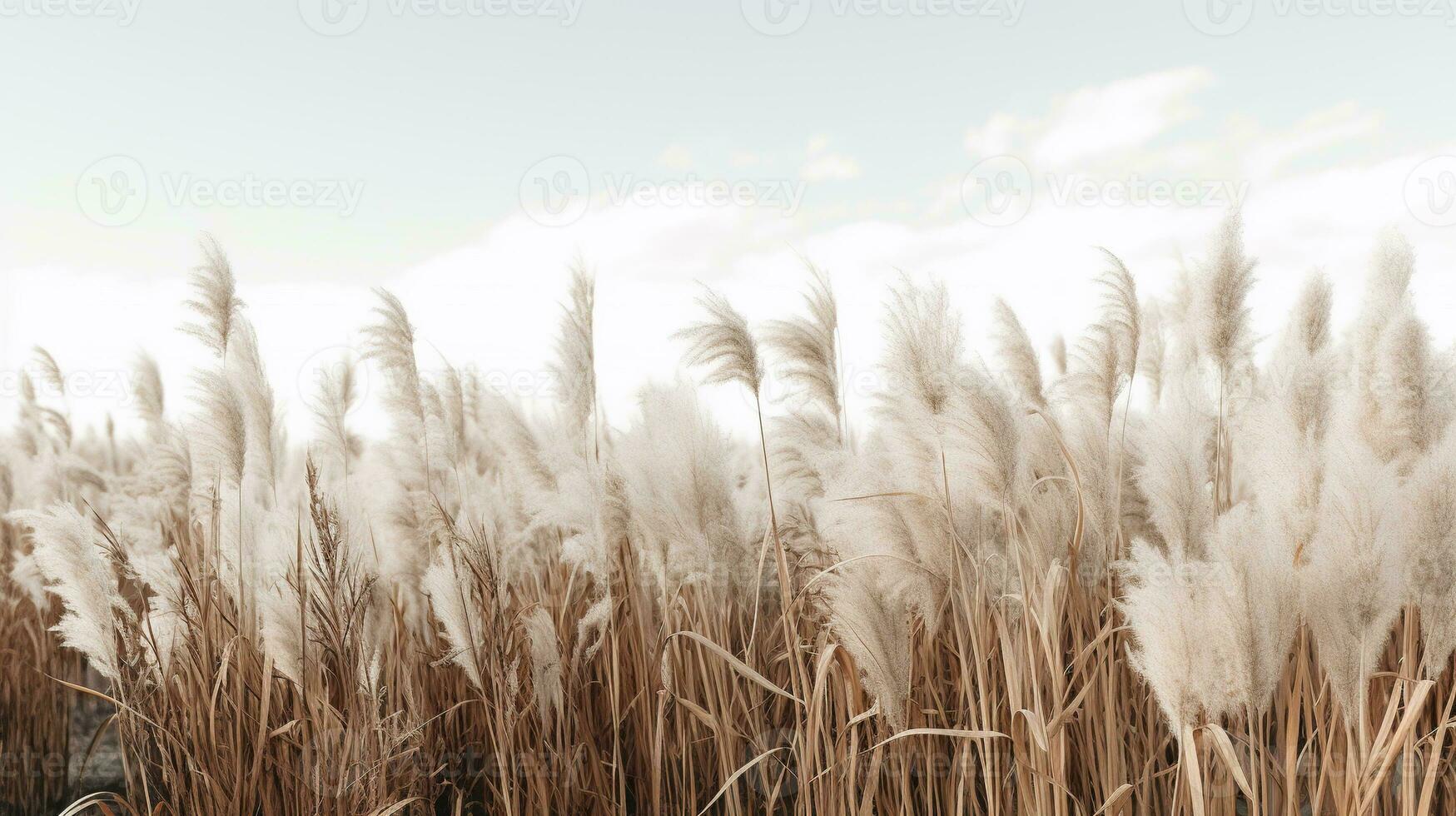 Generative AI, Pampa grass branch with sky. Abstract natural boho background of soft plants, Cortaderia selloana photo