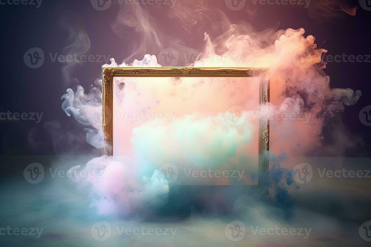 Generative AI, pastel light smoke around empty vintage beautiful frame. photo